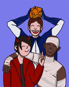 Boys halloween party, celebrating Halloween, boys band, stylish halloween party, halloween photo selfie, selfie smiling, headless horseman suit, bandages, devil, pumpkin