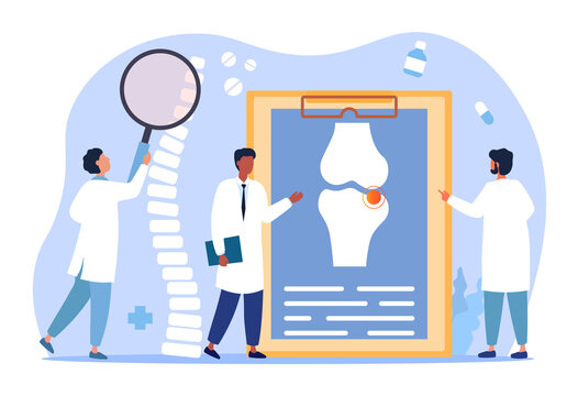 Osteoporosis Concept. Doctors Examine The Spine And Other Bones Of The Patient. Diagnosis Of Bone Diseases And The Purpose Of Treatment. Cartoon Flat Vector Illustration Isolated On A White Background