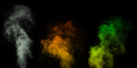 A set of multi-colored different vapors, smoke on a black background to overlay on your photos.