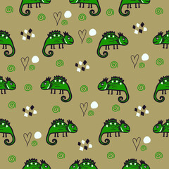 Green lizards on beige background, vector (smyk). It can be used as prints on textile, packaging, gift paper, etc.