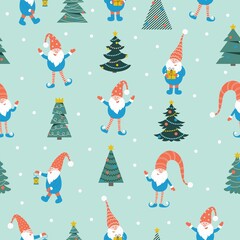 Fototapeta na wymiar Cute christmas gnomes seamless pattern on green background. Vector illustration with gnomes in red hats and christmas tree. Perfect for textile prints, kids design, decor, wrapping.