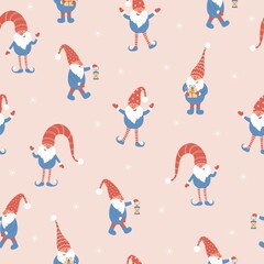 Cute christmas gnomes and snowflakes seamless pattern. Vector illustration with dwarfs in red hats and snowflakes. Perfect for textile prints, kids design, decor, wrapping.