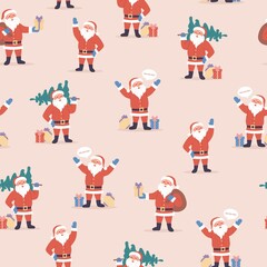 Holiday seamless pattern with Cartoon Santa Claus, christmas tree, decorative elements on a neutral background. Merry Christmas. Colorful vector, flat style. hand drawing. design for fabric, print,