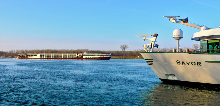 Two Cruise Ships On The Blue Danube River At Sunshine, Austria