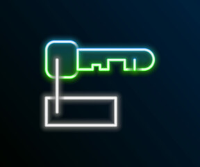 Glowing neon line Marked key icon isolated on black background. Colorful outline concept. Vector
