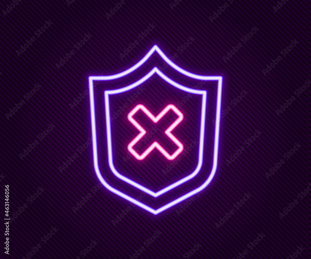 Poster glowing neon line shield with cross mark icon isolated on black background. shield and rejected. not