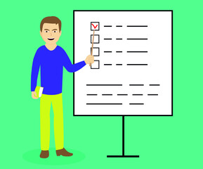 Completed checklist, finished project tasks or completed work completed, concept of process plan or project management, teacher using pen to check project list checkbox marked as complete.