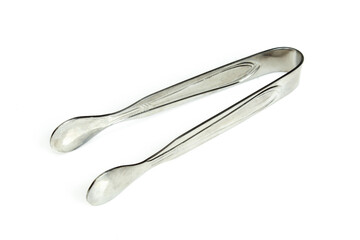 Shiny metallic kitchen utensil isolated on white background. Food server clip clamp