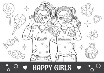 Pencil drawing. Antistress coloring book, page. Best friends. Cartoon stylish girl with donut. Set of desserts. Modern princess. Doll or toy. Happy and funny character. Children's illustration. Vector