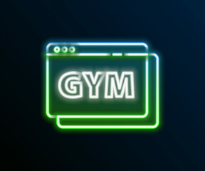 Glowing neon line Online fitness and training icon isolated on black background. Colorful outline concept. Vector