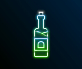Glowing neon line Bottle of wine icon isolated on black background. Colorful outline concept. Vector