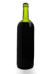 Closed green glass bottle full of dark liquid isolated on white background