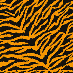 Seamless tiger fur pattern. Tigers skin print in hand drawn doodle style. Abstract animal background design. Vector illustration.