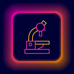 Glowing neon line Microscope icon isolated on black background. Chemistry, pharmaceutical instrument, microbiology magnifying tool. Colorful outline concept. Vector