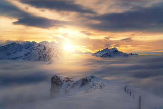 Fototapeta Epic winter sunset in the swiss alps.