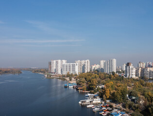 Air view of the houses on the banks of the Dnieper River. Residential complex