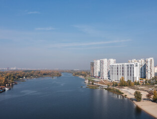 Air view of the houses on the banks of the Dnieper River. Residential complex