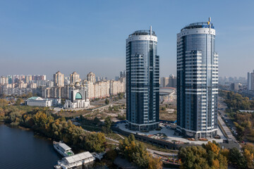 Fototapeta premium Air view of the houses on the banks of the Dnieper River. Residential complex