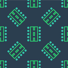 Line Airport runway for taking off and landing aircrafts icon isolated seamless pattern on blue background. Vector