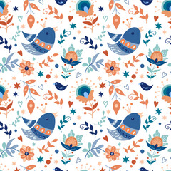 Print, seamless pattern with decorative bright birds, flowers, stars and hearts, fabulous bright background for fabric, paper, sites