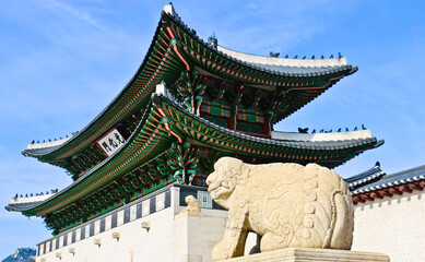 Statue of haechi and Gwanghwamun gate of Gyeongbokgung palace Seoul Korea