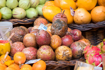 Obraz na płótnie Canvas Fresh exotic fruits in Mercado Dos Lavradores. Funchal, Madeira, Portugal