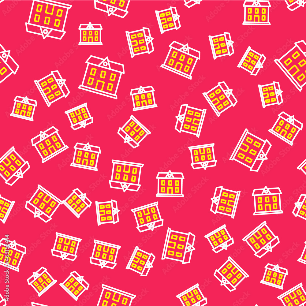 Poster line school building icon isolated seamless pattern on red background. vector