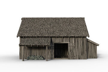 3D illustration of the side of an old grey wooden barn with open doors isolated on a white background. © IG Digital Arts