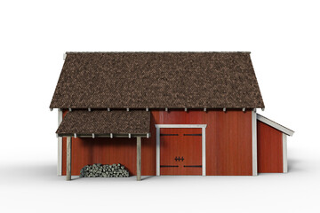 Side view 3D rendering of a red wooden barn isolated on a white background. © IG Digital Arts