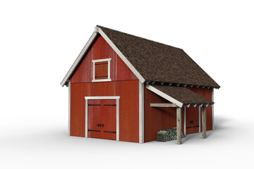 3D rendering of a red wooden barn isolated on a white background. - obrazy, fototapety, plakaty