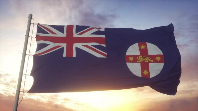 New South Wales state flag, Australia, waving in the wind, sky and sun background