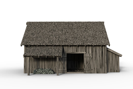 3D illustration of the side of an old grey wooden barn with open doors isolated on a white background.