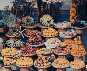 Fresh exotic fruits in Mercado Dos Lavradores. Funchal, Madeira, Portugal