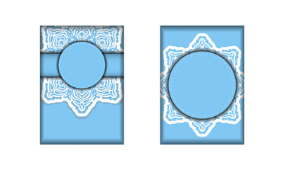 Template Greeting card in blue color with vintage white pattern prepared for printing.