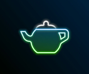 Glowing neon line Traditional Chinese tea ceremony icon isolated on black background. Teapot with cup. Colorful outline concept. Vector