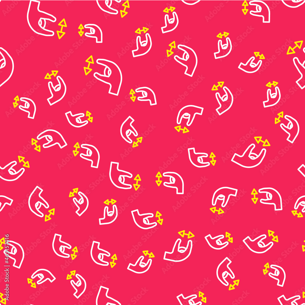 Poster line human standing and showing the size of something with his hands icon isolated seamless pattern 