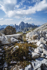 Rifugio Lavaredo with Cadini di Misurina mountain group in background. Dolomites at the Cime di Lavaredo, Italy