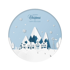 Merry Christmas and Happy New Year greeting card in paper cut style with winter village, deers and snowflakes on blue background. Round frame. Vector illustration