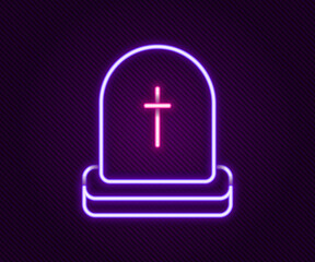 Obraz premium Glowing neon line Tombstone with RIP written on it icon isolated on black background. Grave icon. Happy Halloween party. Colorful outline concept. Vector