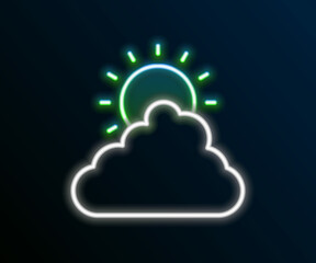 Glowing neon line Sun and cloud weather icon isolated on black background. Colorful outline concept. Vector