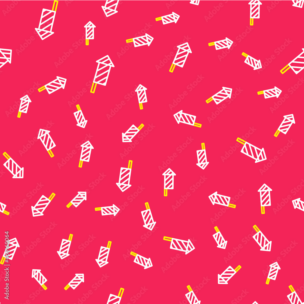 Poster line firework rocket icon isolated seamless pattern on red background. concept of fun party. explosi