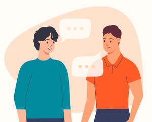 Men talking together facing each other. Male friends standing and communicating. Two young male characters meeting and speaking. Vector illustration isolated on white