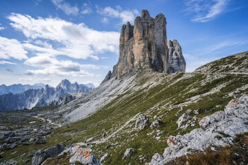 Summer sunrise at Tre Cime di Lavaredo in the Dolomites national park, Italy