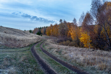 Autumn landscape. Roads between a hill and a forest with yellow foliage. Evening cloudy sky.