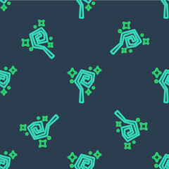 Line Magic staff icon isolated seamless pattern on blue background. Magic wand, scepter, stick, rod. Vector