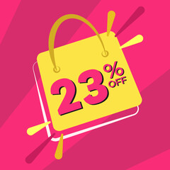 23 percent discount. Pink banner with floating bag for promotions and offers