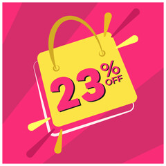 23 percent discount. Pink banner with floating bag for promotions and offers