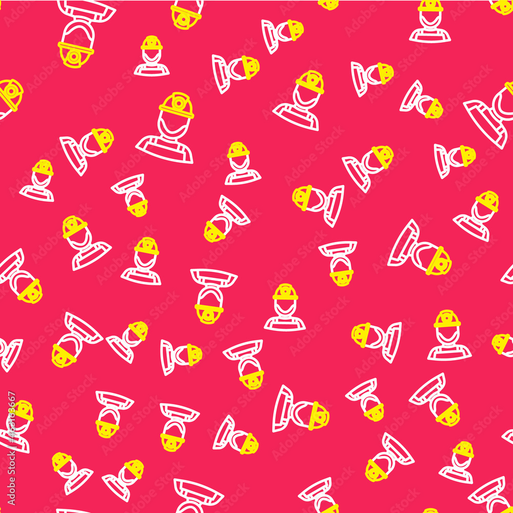 Poster line miner in a helmet icon isolated seamless pattern on red background. vector