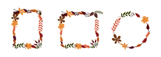 Cute square and round autumn frames with leaves and berries. Templates for seasonal design, invitations, greeting cards. Vector illustration.
