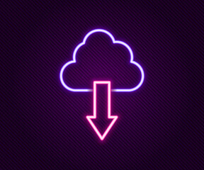 Glowing neon line Cloud download icon isolated on black background. Colorful outline concept. Vector